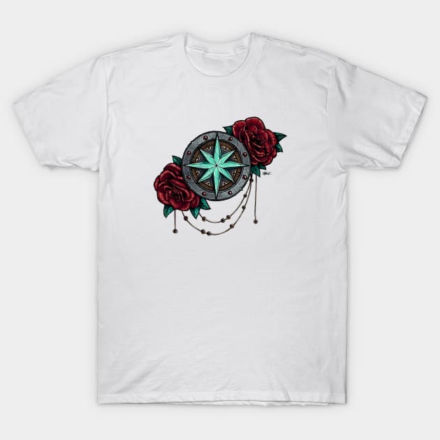 Compass Rose & Roses T-Shirt by Indi Martin